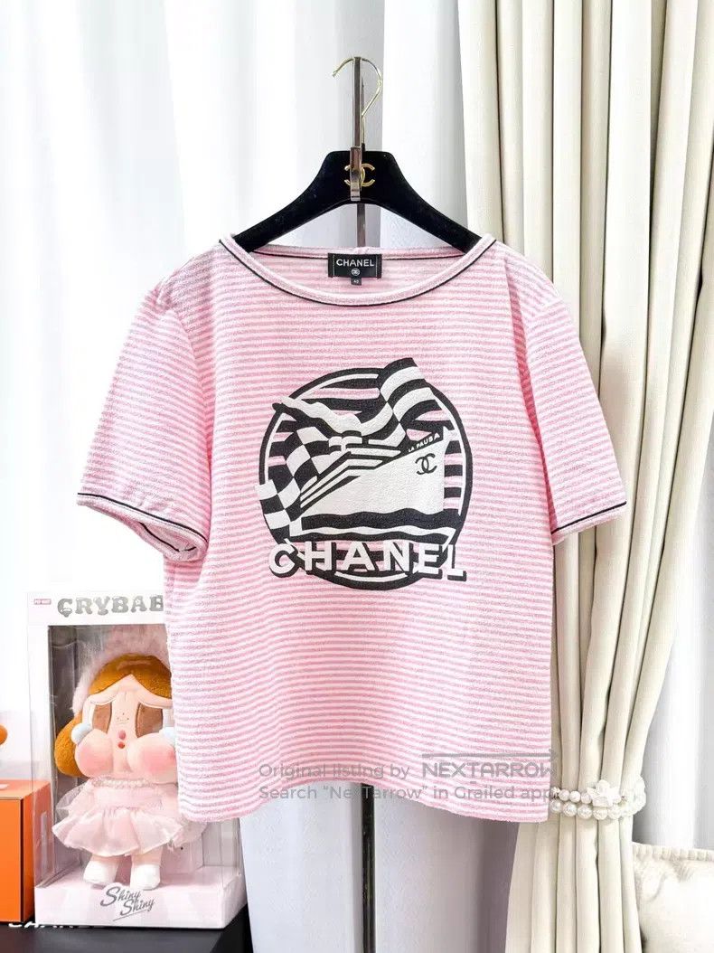 Chanel Chanel 19C cruise series pink and white striped round neck Size S / US 4 / IT 40 - 1 Thumbnail