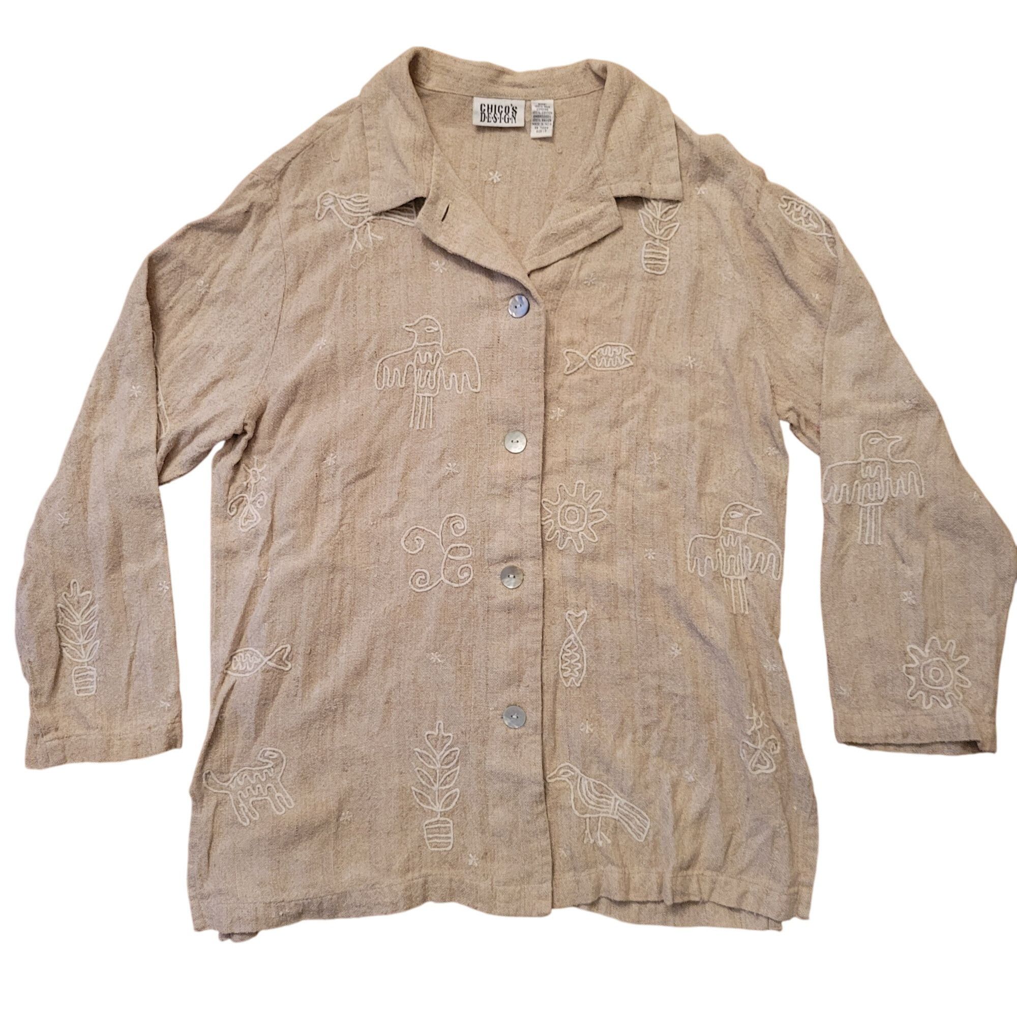 Vintage Chicos Design 3 Beige Embroidered Silk Button Up Blouse XL 1 Size XL / US 12-14 / IT 48-50 - 1 Thumbnail