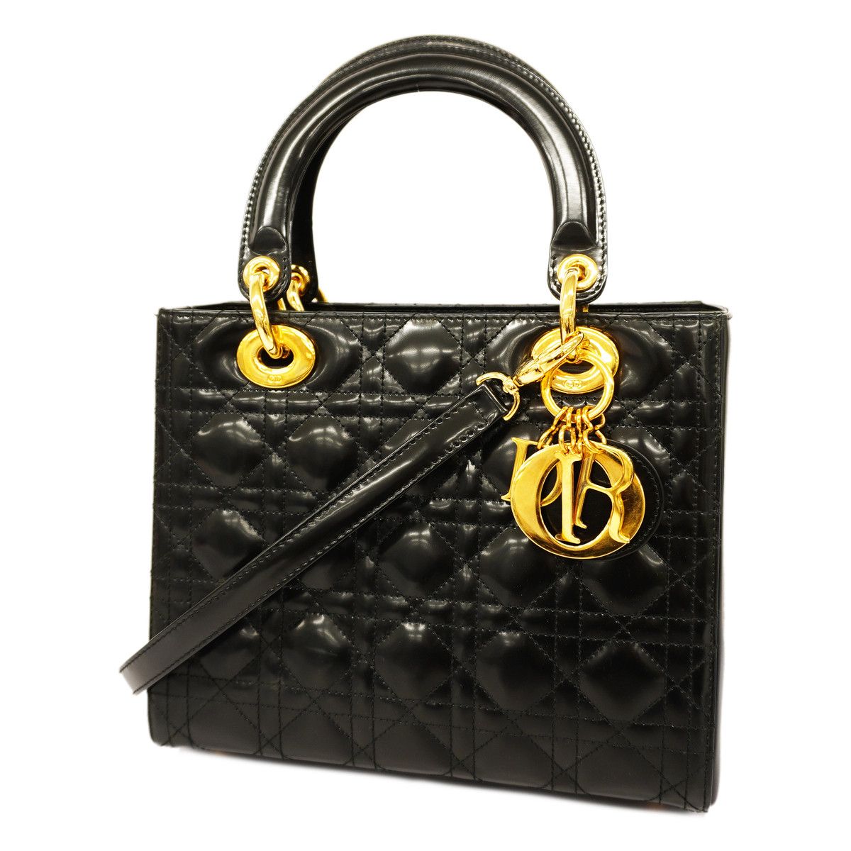 image of Dior Lady Dior Enamel Leather Black, Women's