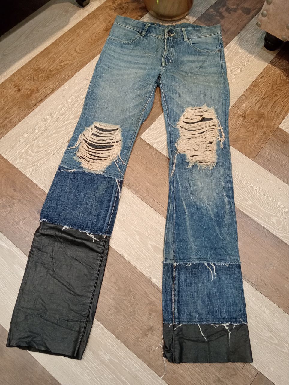 BUFFALO BOBS BUFFALO JEANS JAPAN HAGI MIX LEATHER FLARED DENIM PANTS Size US 30 / EU 46 - 3 Thumbnail