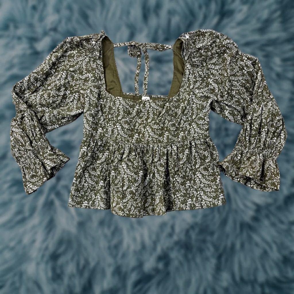 Vintage Pilcro Anthropologie Corduroy Peplum Top Olive Green Floral Puff Sleeve Large Size L / US 10 / IT 46 - 1 Thumbnail