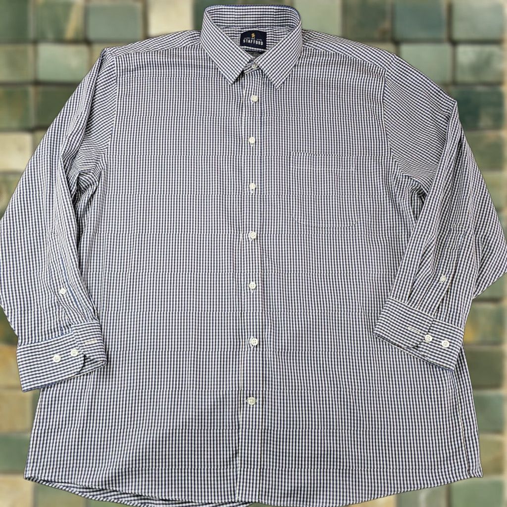 Stafford Stafford Shirt Mens XL Blue Brown Check Regular Fit Sweat Repel Gingham Size US XL / EU 56 / 4 - 1 Thumbnail