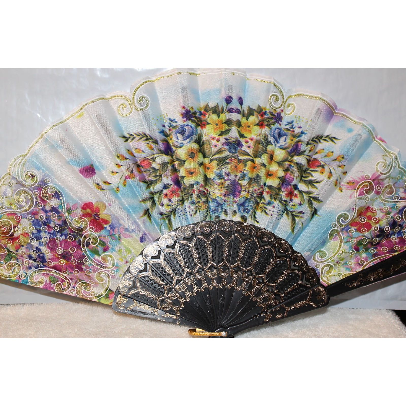 Vintage VINTAGE Hand Fan with Flowers White Small Adults 16-inch Decorative Collectible Size ONE SIZE - 2 Thumbnail