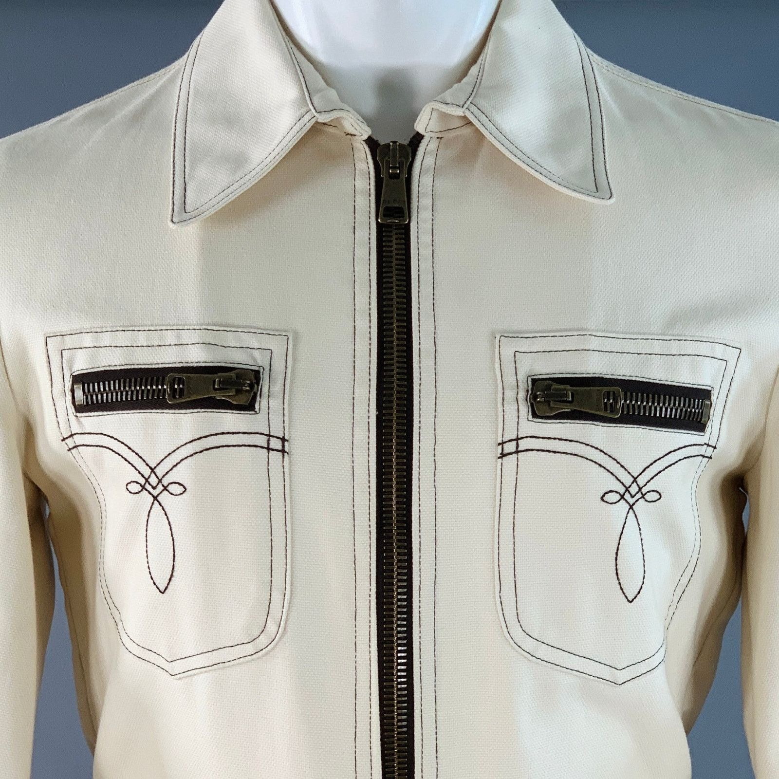 Gucci Size 36 Cream Contrast Stitch Cotton Western Zip Up Suit Size 36R - 2 Thumbnail