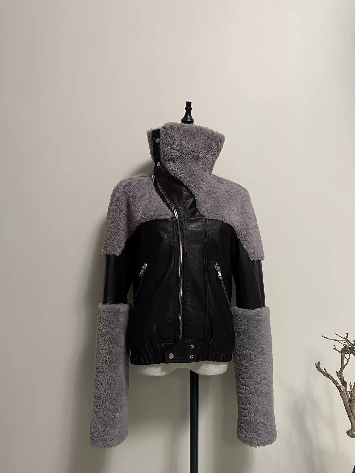 Rick Owens ro top black&dirt leather&fur super cool jacket-