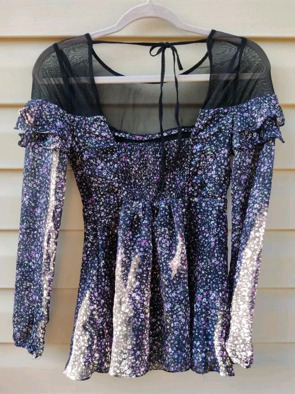 Free People Free People Black Purple Floral Smocked Ruffle Sheer Tie Nec Size XS / US 0-2 / IT 36-38 - 5 Thumbnail