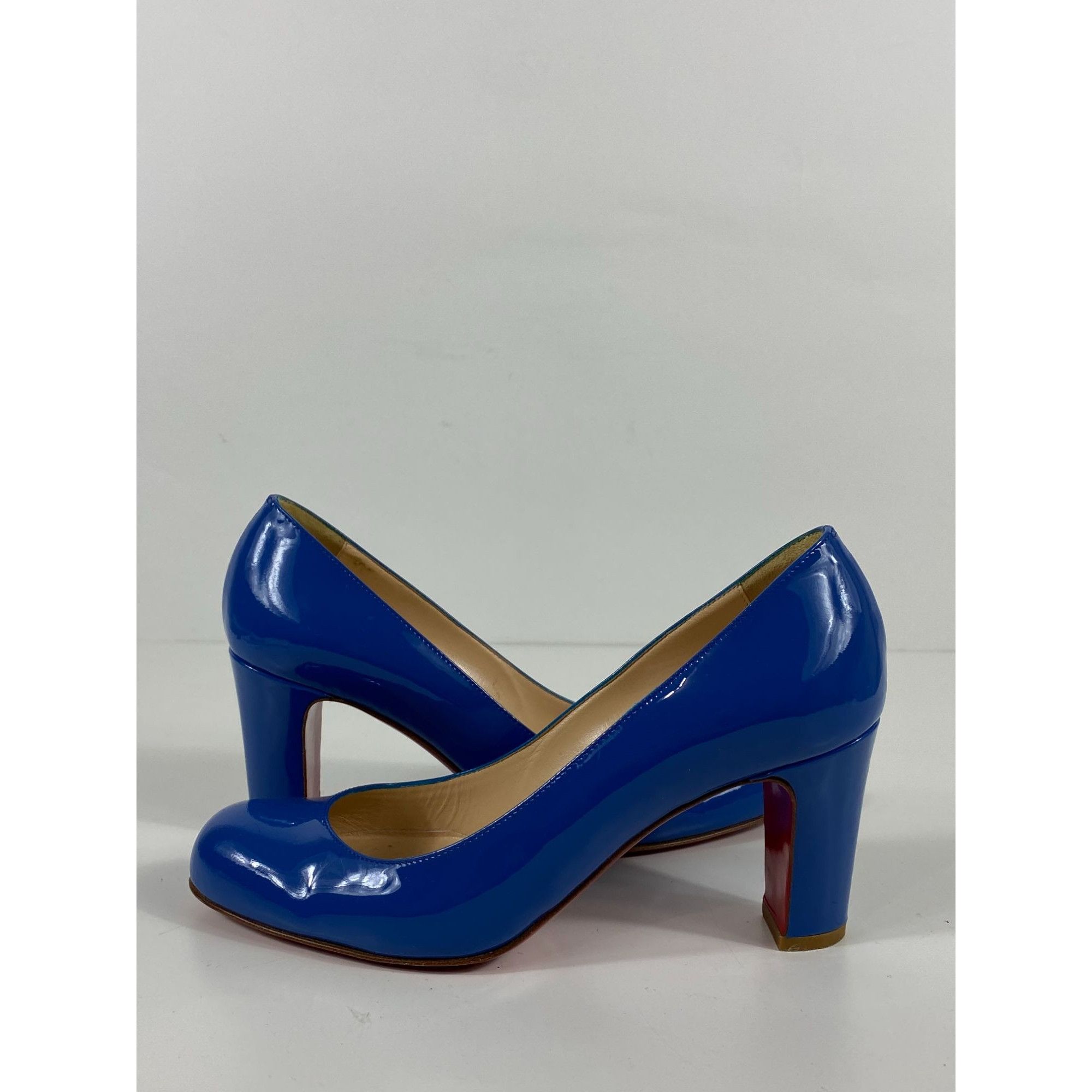 image of Christian Louboutin Patent Leather Mistica Block Heel Shoes Pumps in Blue, Women's (Size 6)