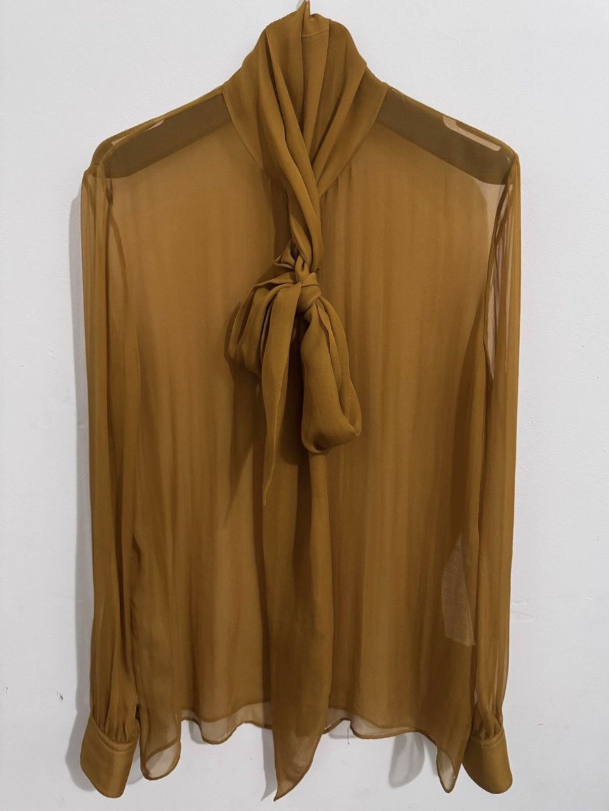 Saint Laurent Paris Saint Laurent 23SS Brown/Yellow Sheer Silk Bow Tie Shirt Size US S / EU 44-46 / 1 - 1 Thumbnail