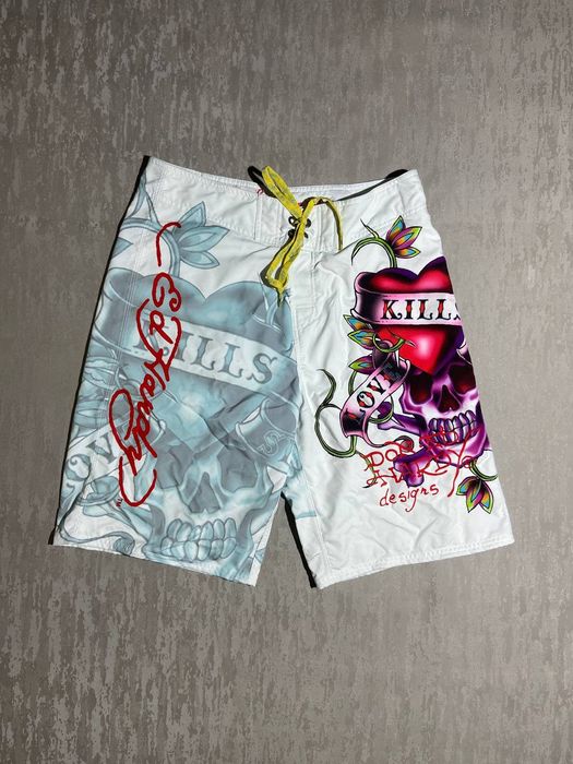 Ed Hardy Board Shorts Mens Size 34 Tiger Christian Audigier Blue Ed Hardy  Shorts