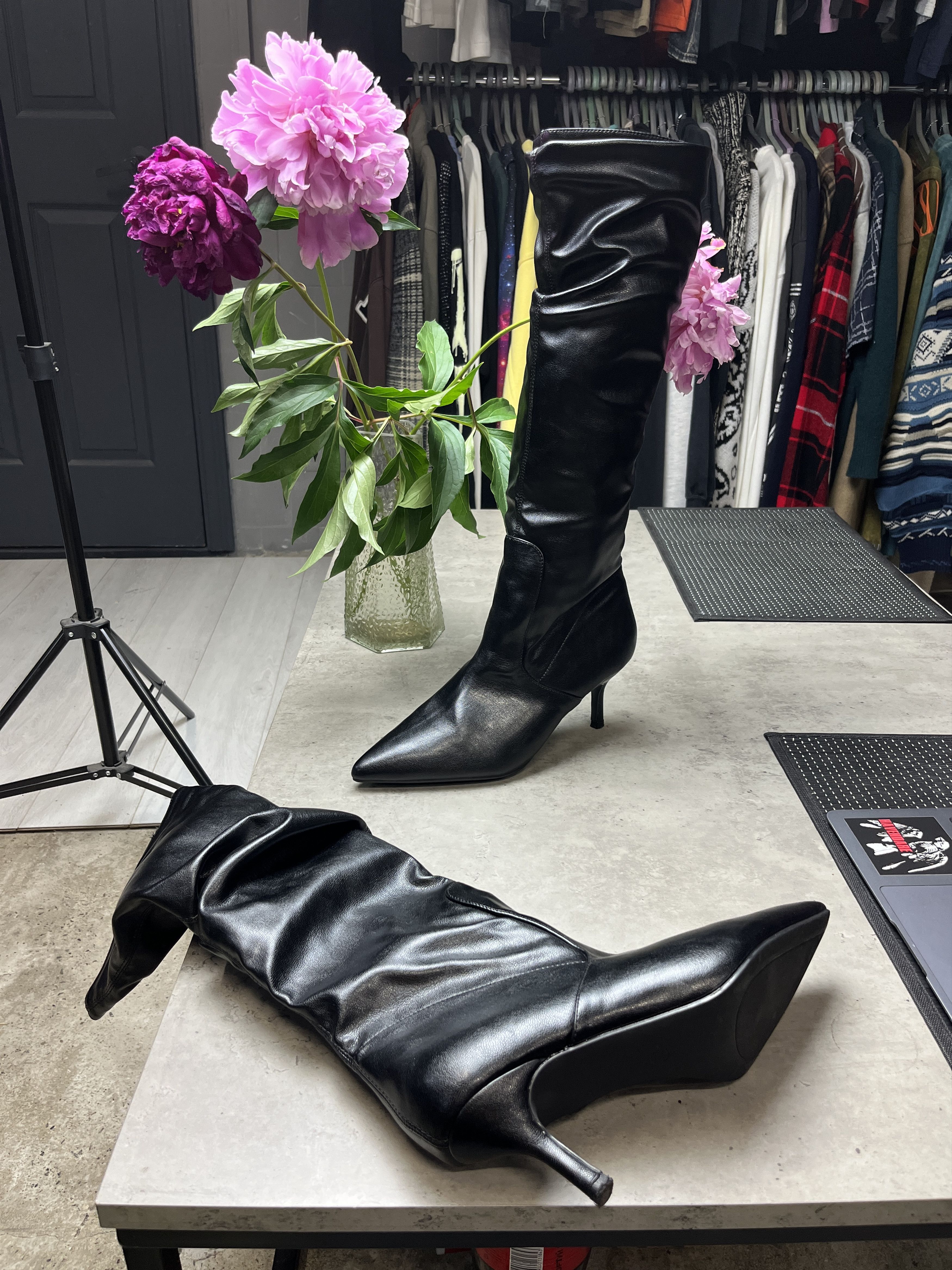 Other VINTAGE 1990s BLACK ECO LEATHER SLOUCH HEEL BOOTS - 5141 Size US 9.5 / IT 39.5 - 5 Thumbnail