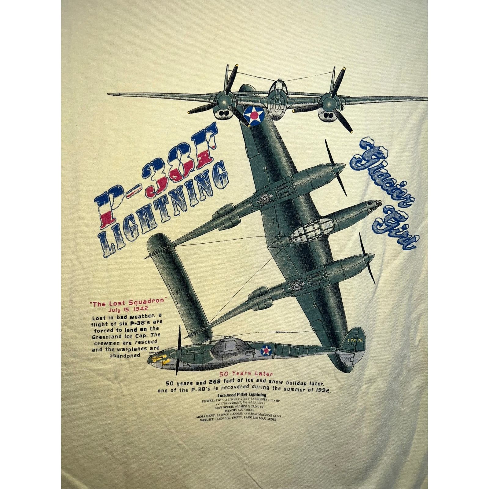 Hanes Vintage P-38F Lightning Shirt Glacier Girl The Lost Squadron Size US XL / EU 56 / 4 - 7 Thumbnail
