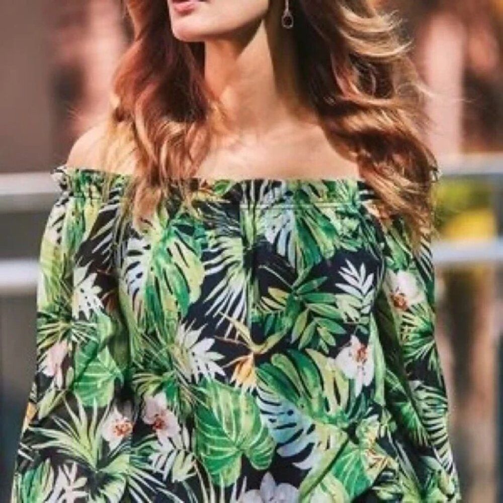 White House Black Market White House Black Market Off Shoulder Green Tropical Print Size S / US 4 / IT 40 - 1 Thumbnail