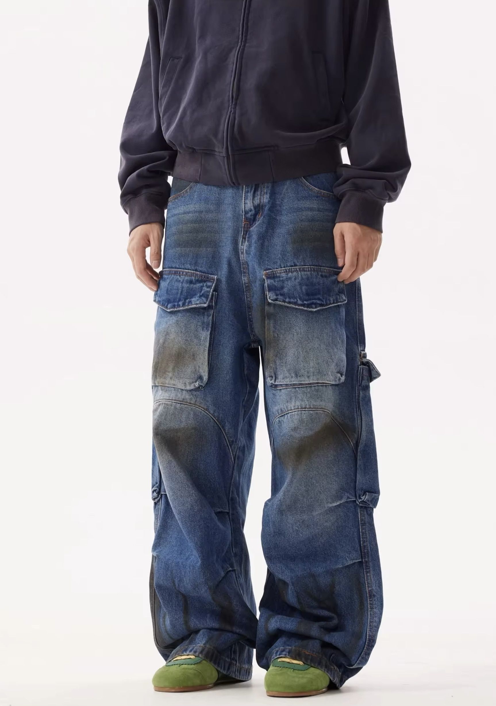Streetwear Tie Dye Pleated Baggy Cargo Jeans
