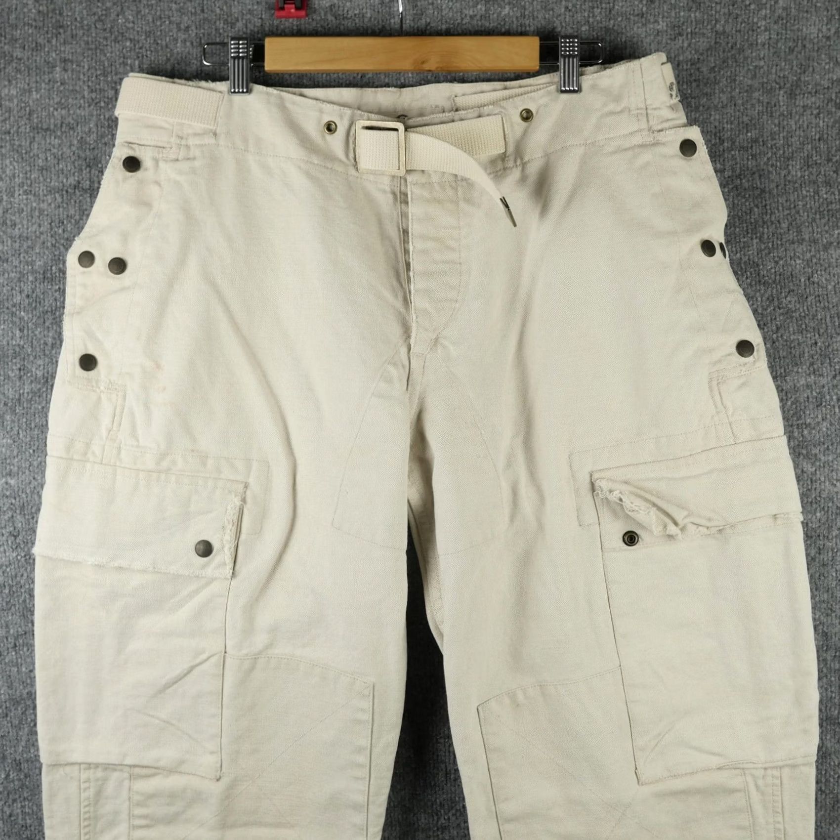 Ralph Lauren RRL Ralph Lauren Pants Mens 36x32 Beige Cargo Canvas Linen Utility Baggy Relaxed Straight Front Button Fly Pockets Cargo Pocket WW2 Inspired Size US 36 / EU 52 - 2 Thumbnail