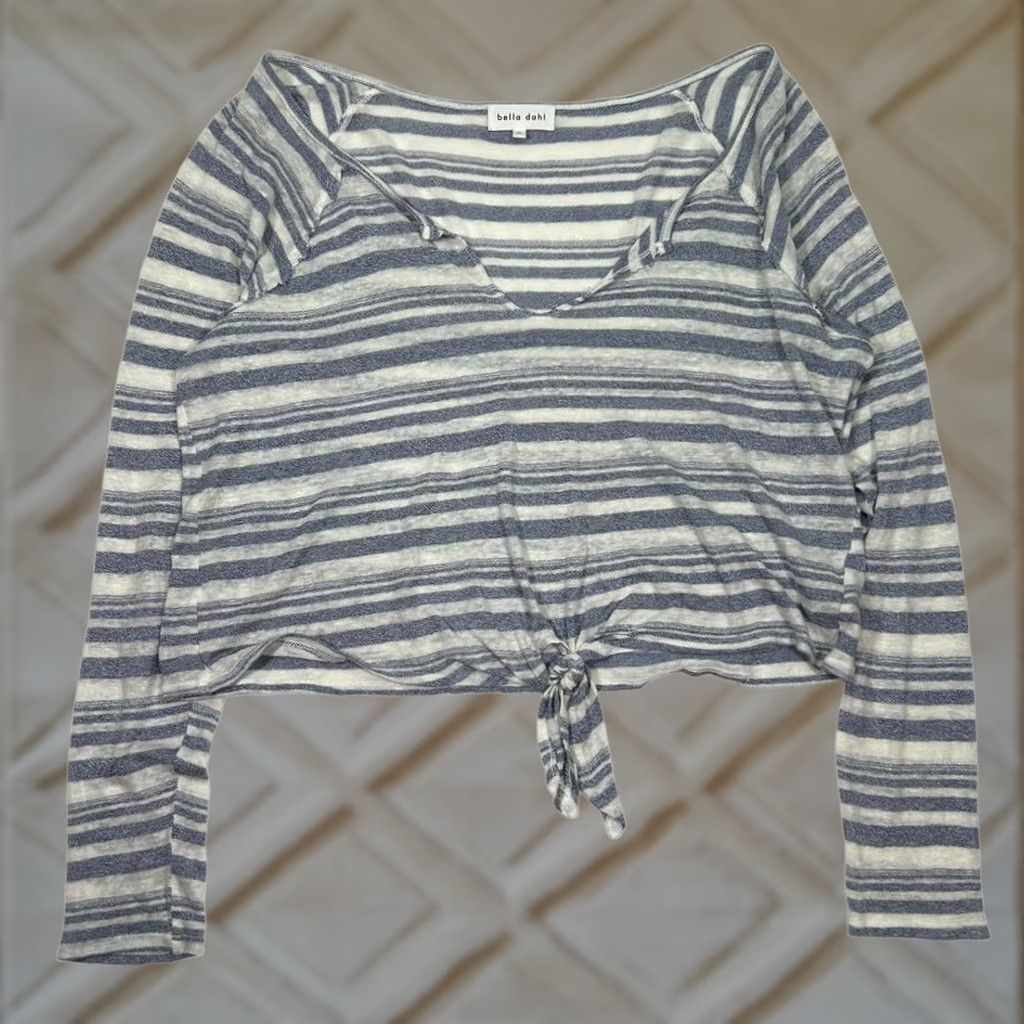 Bella Dahl Bella Dahl Linen Blend Long Sleeve Striped Tie Front Womens Med Blue Shirt Size M / US 6-8 / IT 42-44 - 1 Thumbnail