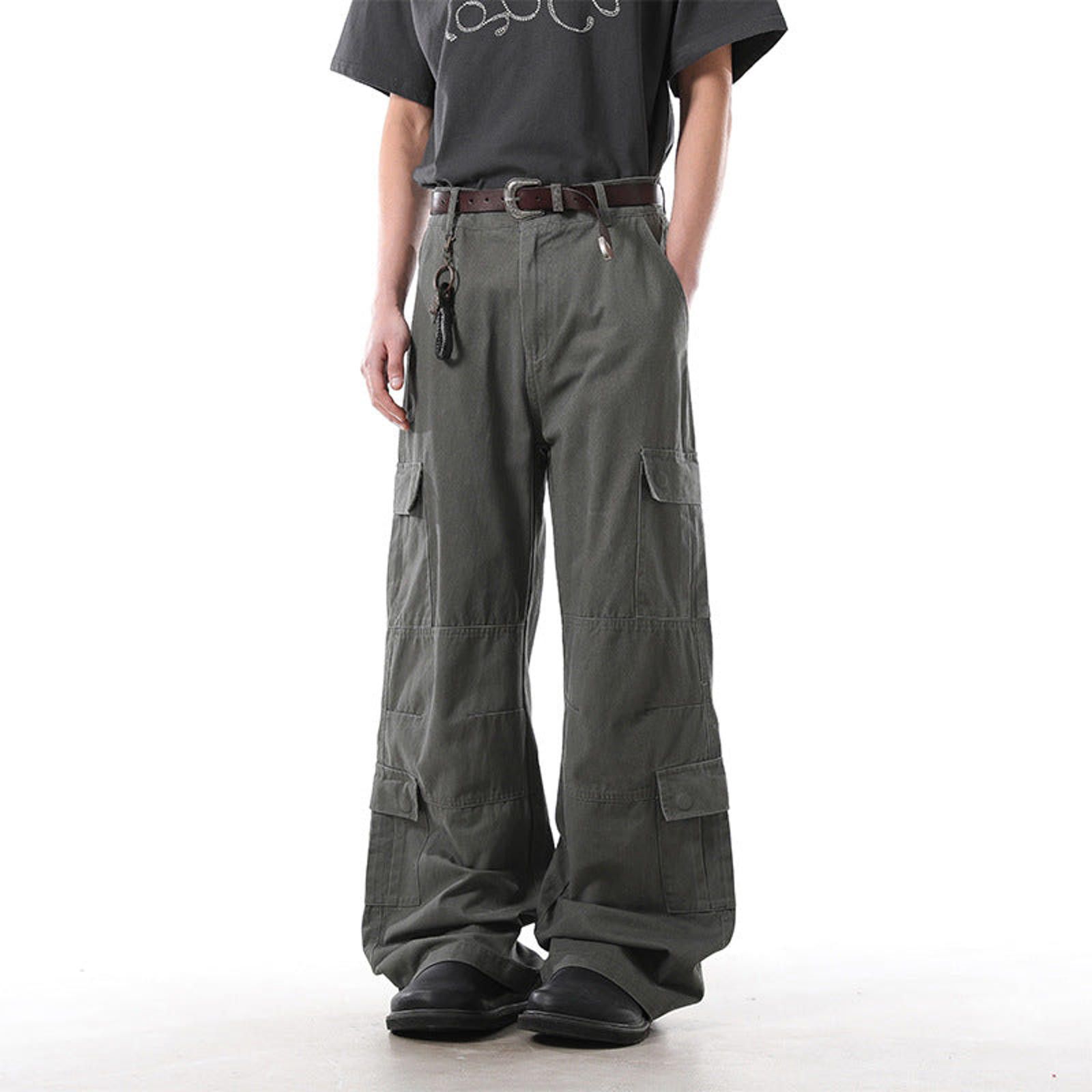 Vintage Olive Wide Leg Cargo Pants, Loose Fit Utility Pants Size US 30 / EU 46 - 4 Thumbnail