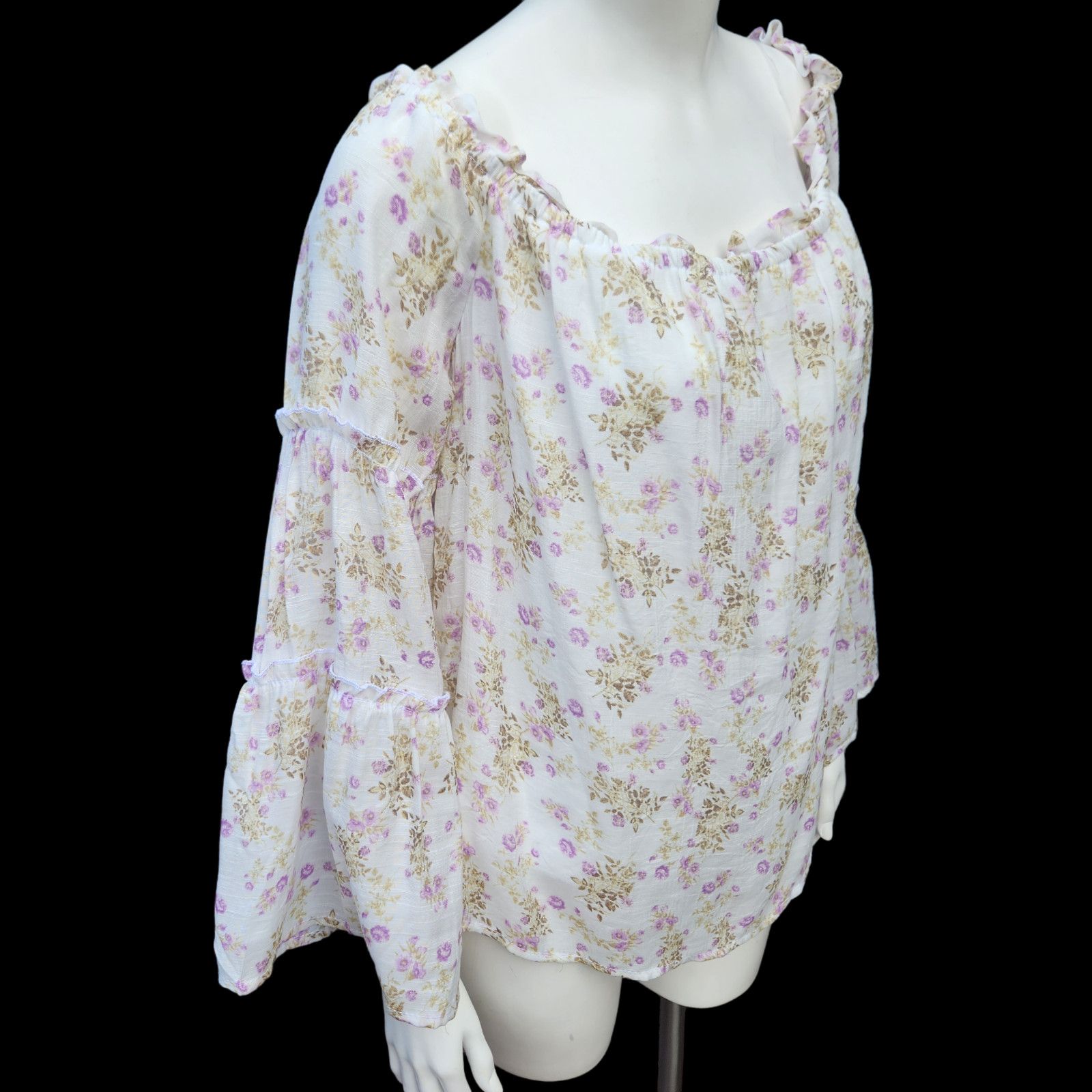 rue21 Rue21 Purple Ivory Floral Blouse Size Large Bell Sleeves Size L / US 10 / IT 46 - 5 Thumbnail