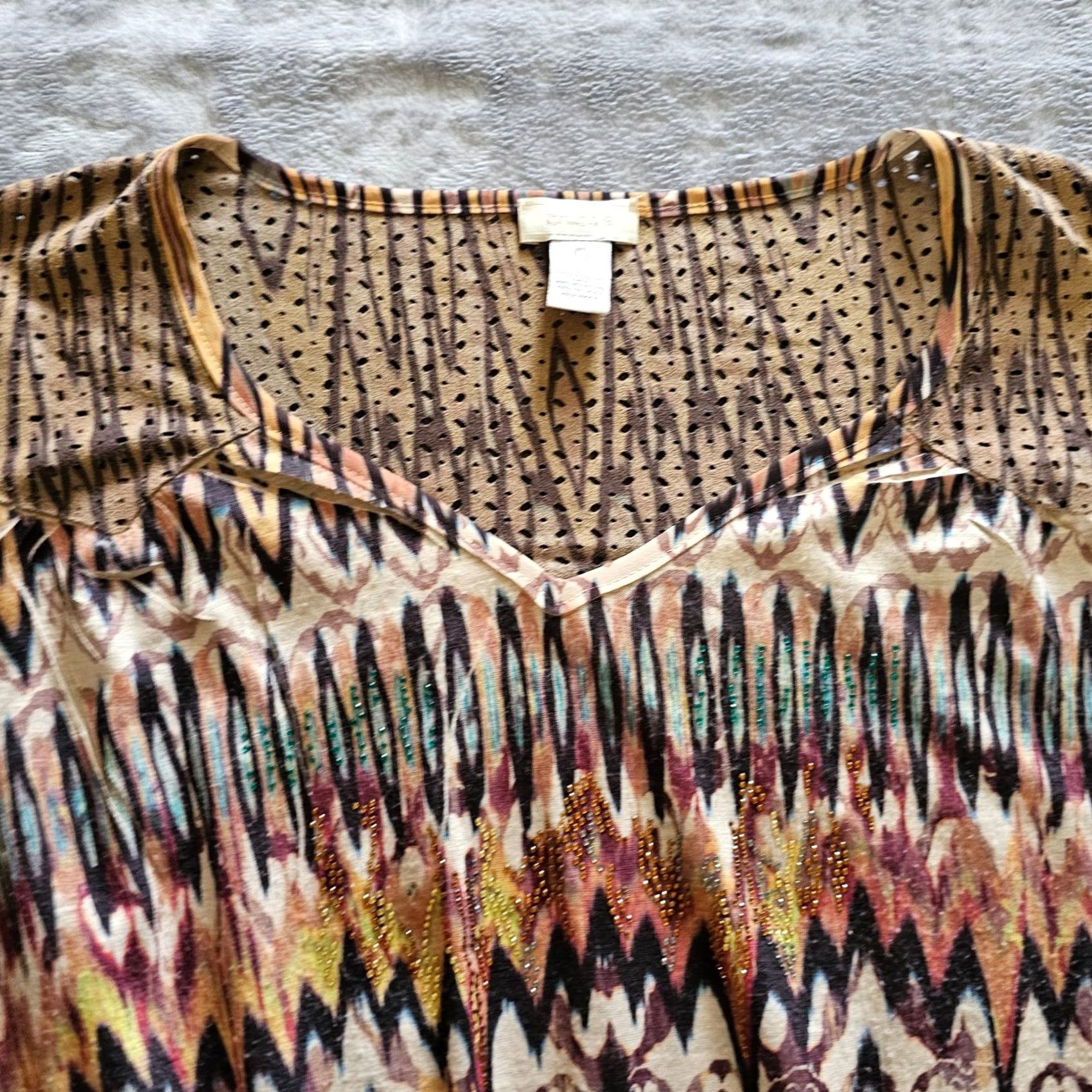 Vintage Chicos Top Shirt Womens Small Brown Tan Rhinestones V Neck Southwest Casual Shirt Size S / US 4 / IT 40 - 2 Thumbnail