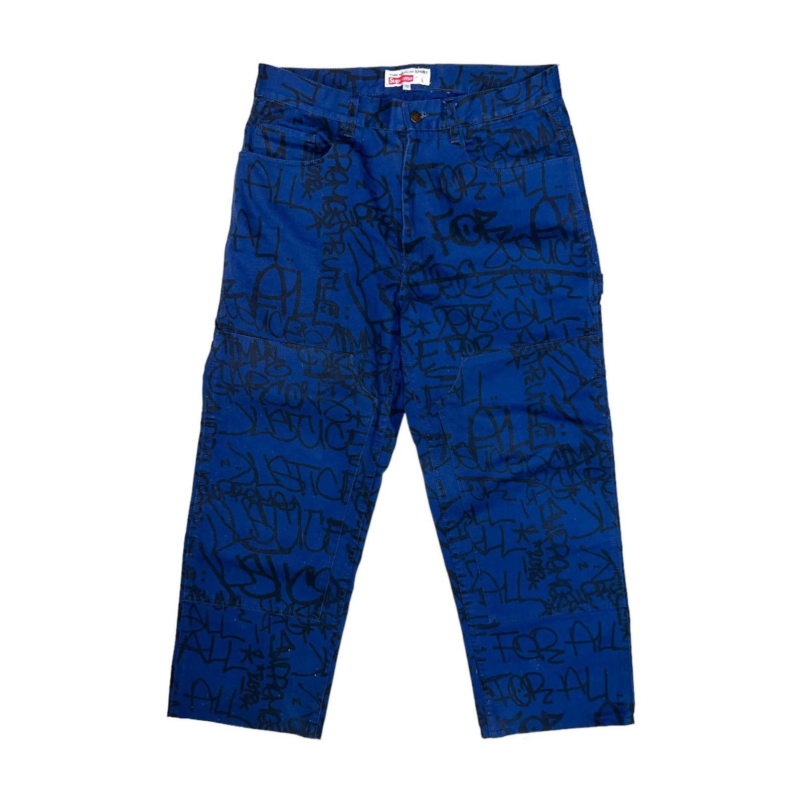 image of Comme Des Garcons x Supreme Comme Des Garçons Painter Graffiti Carpenter Pants in Blue (Size 32)