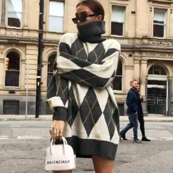 H&M VINTAGE H&M Sweater Women Argyle Turtleneck Oversized Gray S Small Pullover Knitt Knit Long Sleeve Size S / US 4 / IT 40 - 7 Thumbnail