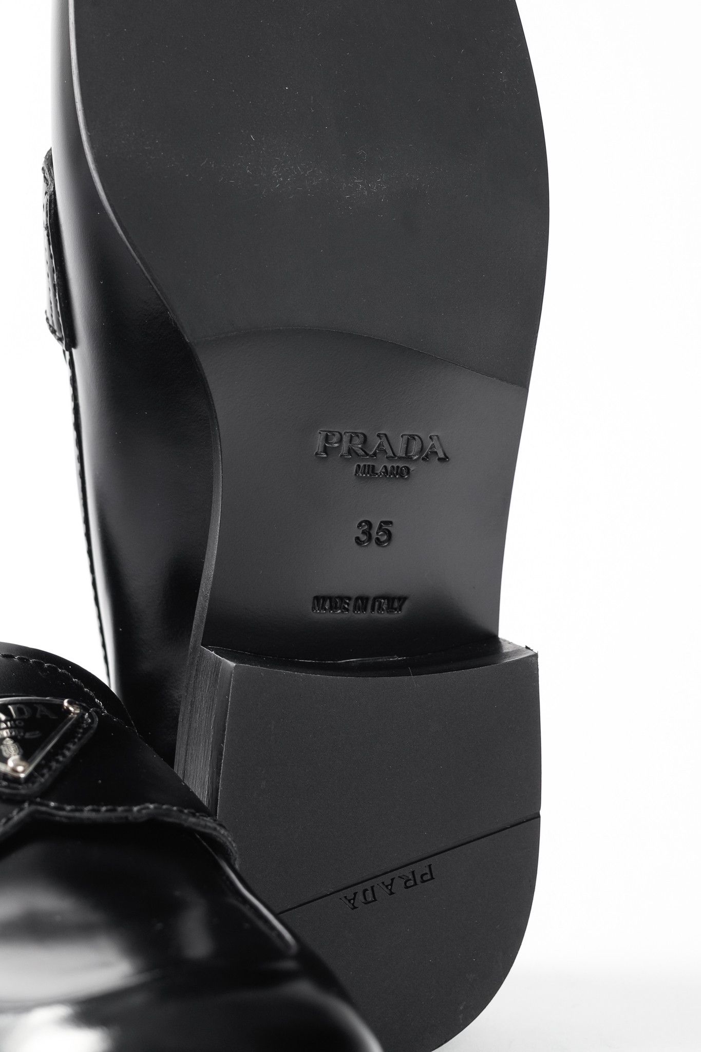 Prada Prada Nero Spazzolato Brushed Leather Logo Loafers Size US 4.5 / IT 34.5 - 6 Thumbnail