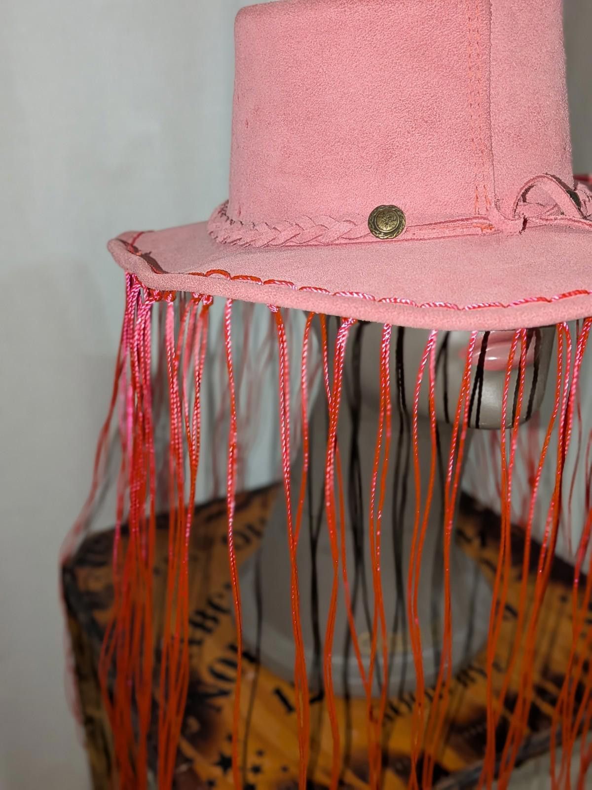 The Unbranded Brand Upcycled Cowgirl Pink Suede Neon UV Reactive Fringe Rave Hat Size ONE SIZE - 4 Thumbnail