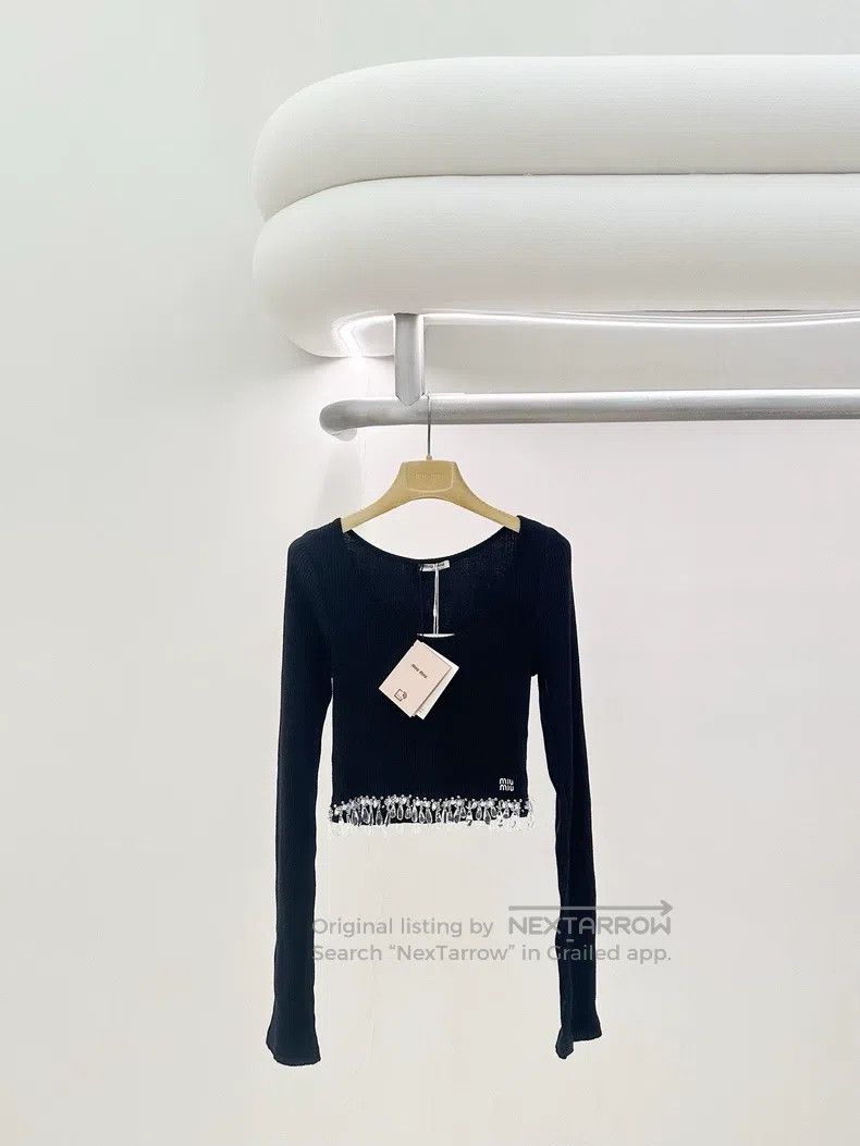 Miu Miu Miu Miu Size XS Crystal pendant black long sleeve short top Size XS / US 0-2 / IT 36-38 - 1 Thumbnail