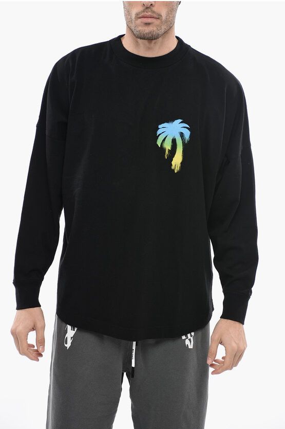 image of Palm Angels Crew-Neck Oversized T-Shirt With Sprayed Logo in Black, Men's (Size 2XS)