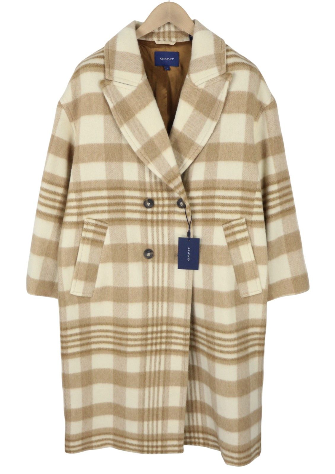 Gant CHECKED OVERCOAT L Light Beige Wool Blend Coat 87282 Size L / US 10 / IT 46 - 2 Thumbnail