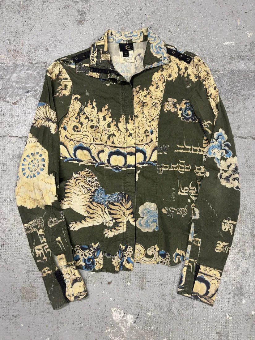 Designer × Just Cavalli × Vintage AW2003 Cavalli Asian World Green Contemporary Fire Shirt Size XS / US 0-2 / IT 36-38 - 3 Thumbnail