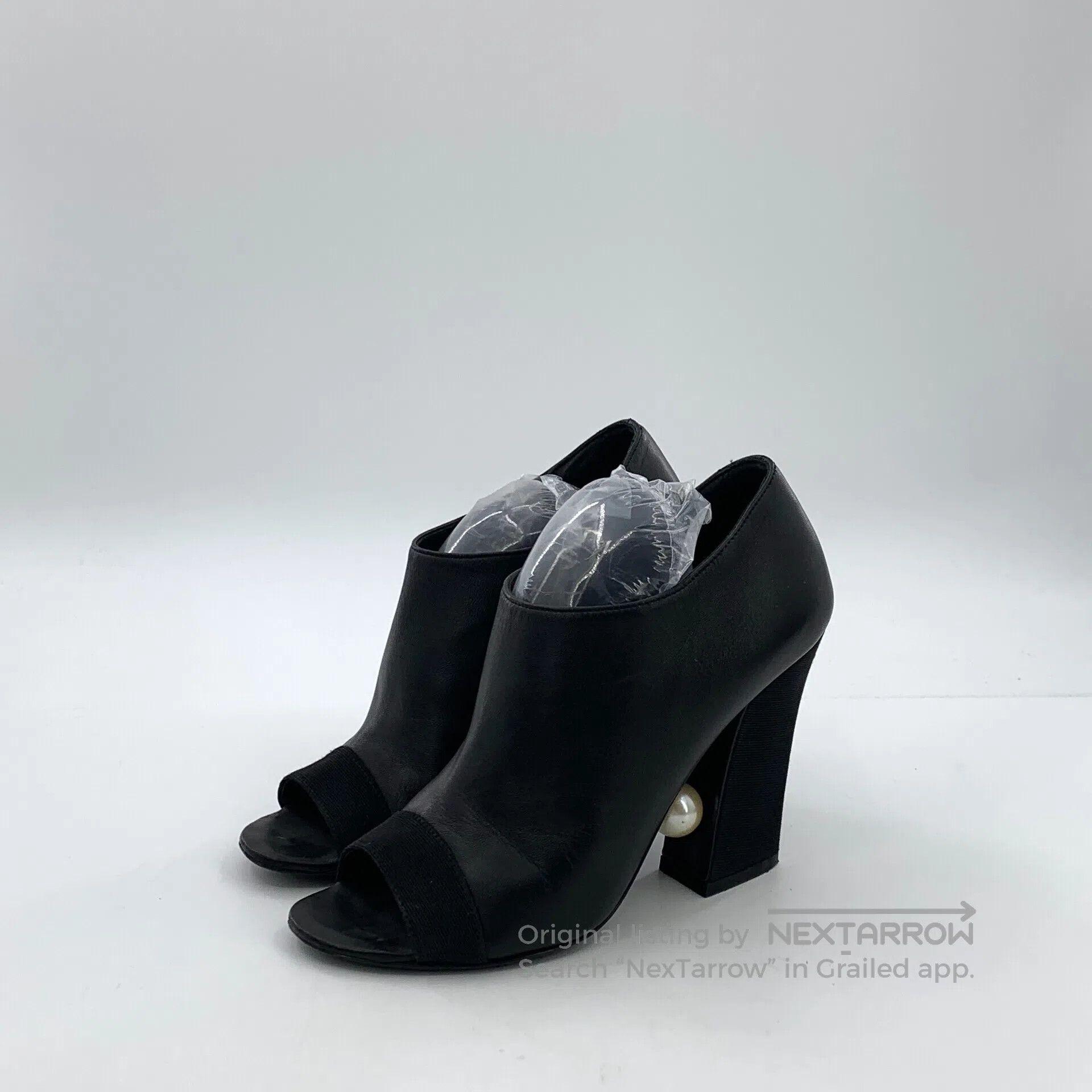 Chanel Chanel Black Leather Pearl Button Chunky Heel High Heels| Size US 5.5 / IT 35.5 - 1 Thumbnail