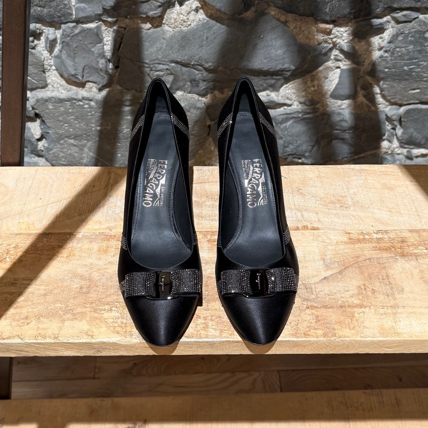 Salvatore Ferragamo Salvatore Ferragamo Black Satin Crystal Embellished Pumps Size US 9.5 / IT 39.5 - 3 Thumbnail