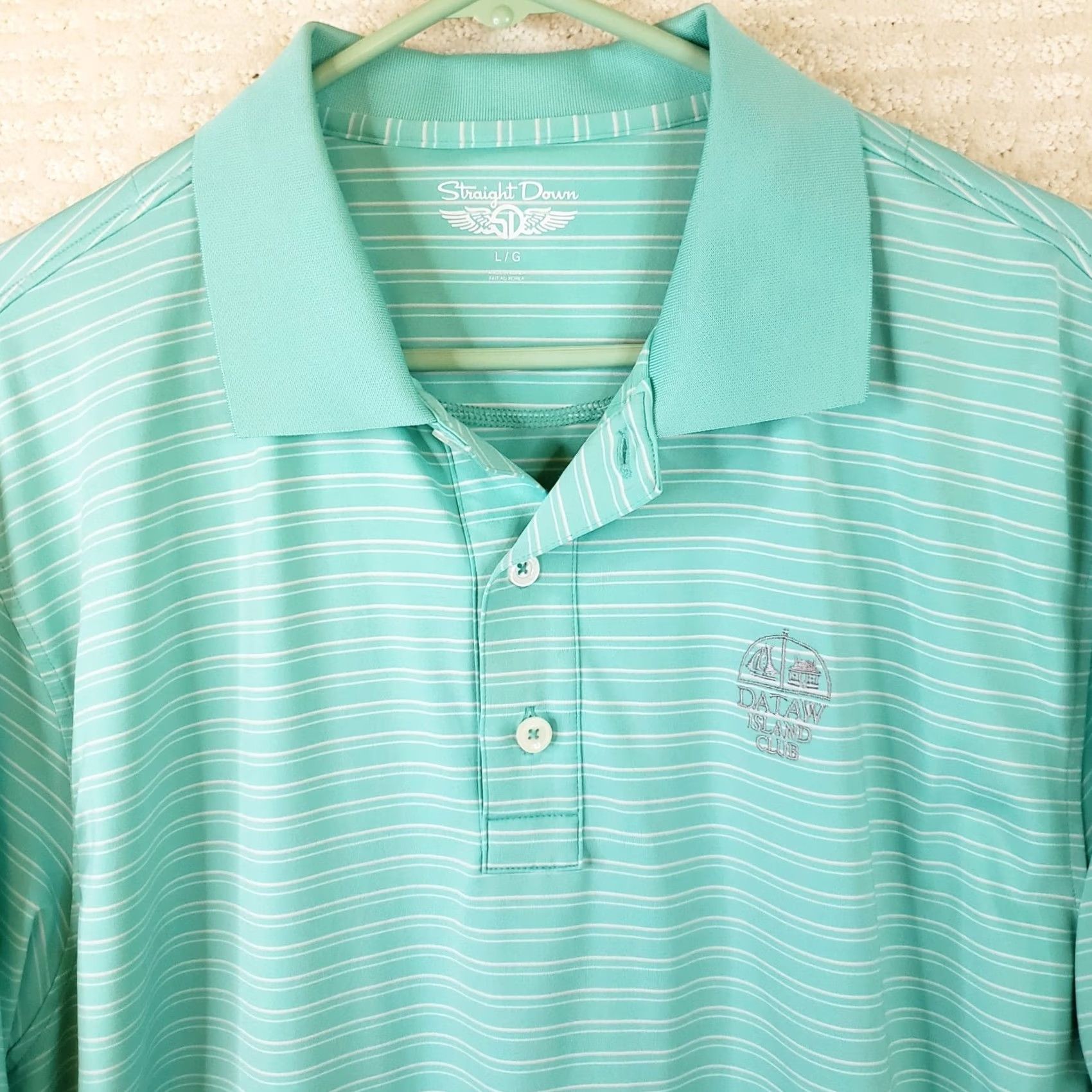 Vintage VINTAGE Straight Down Polo Shirt Mens L Green White Stripe Golf Poly Spandex Dataw Island Club Short Sleeve Logo Accents Green 90s Theme Mens Size US L / EU 52-54 / 3 - 3 Thumbnail