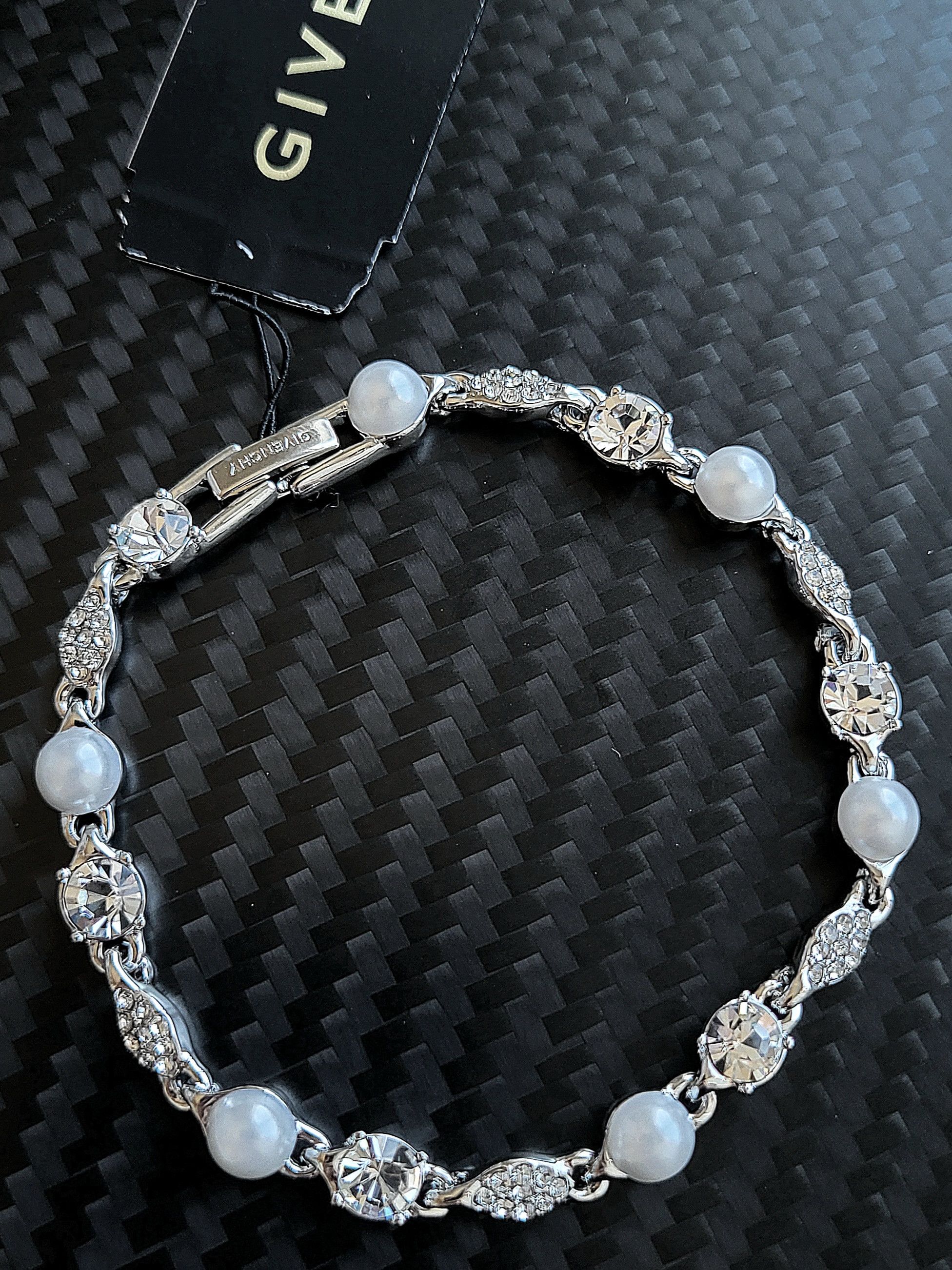 image of Givenchy Silver Crystal Cluster & Pearl Flex Bracelet, Men's