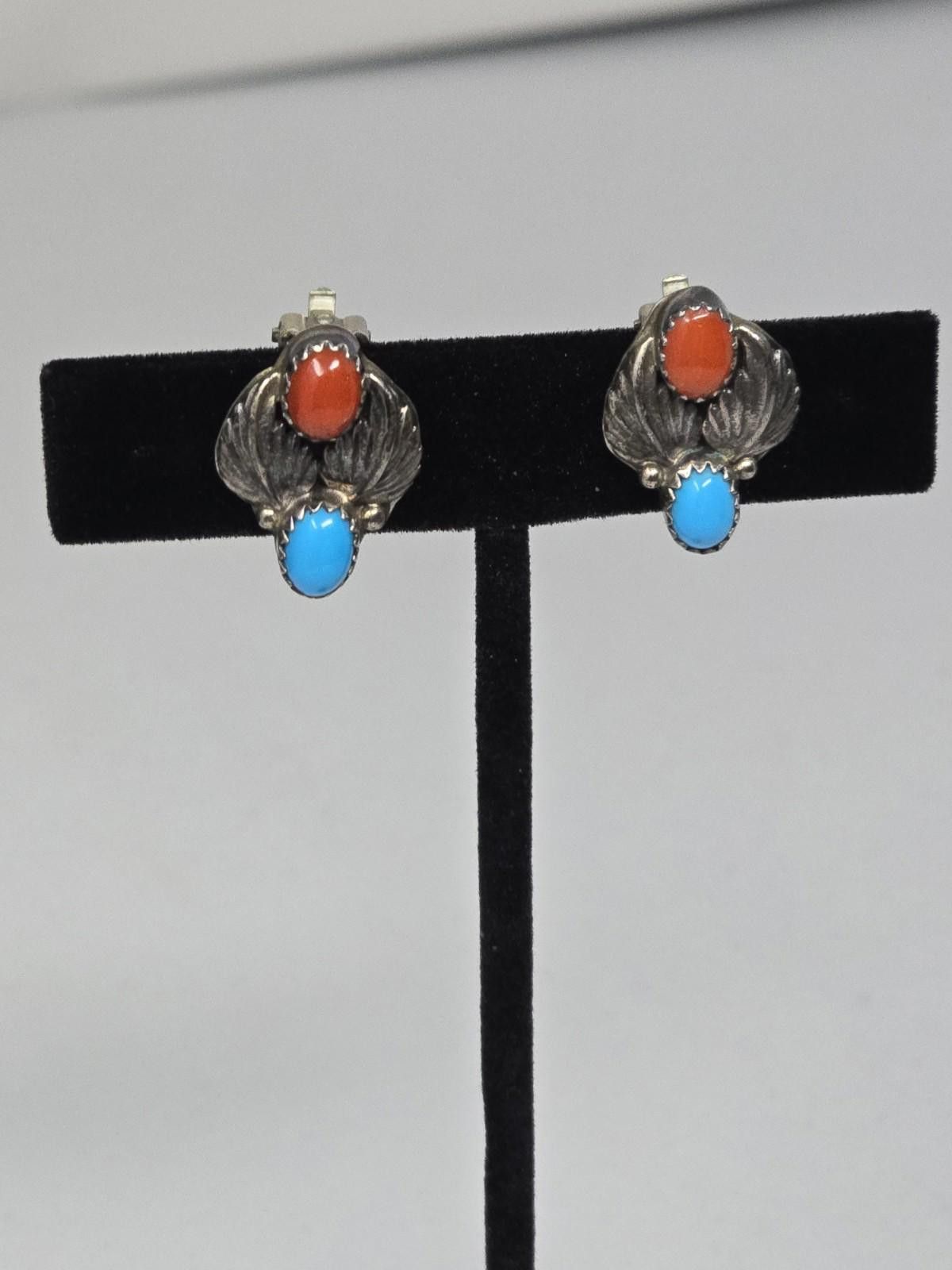 Other Sterling Silver Turquoise Coral Clip Earrings Vintage Size ONE SIZE - 7 Thumbnail