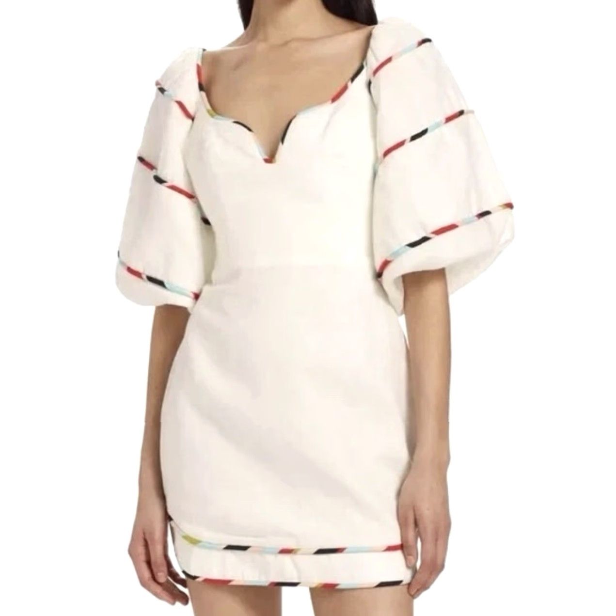 Farm Rio Farm Rio White Linen Short Sleeve Mini Dress M Womens Striped Colorful 100% Linen Summer 34" Length Size 32" / US 10 / IT 46 - 7 Thumbnail