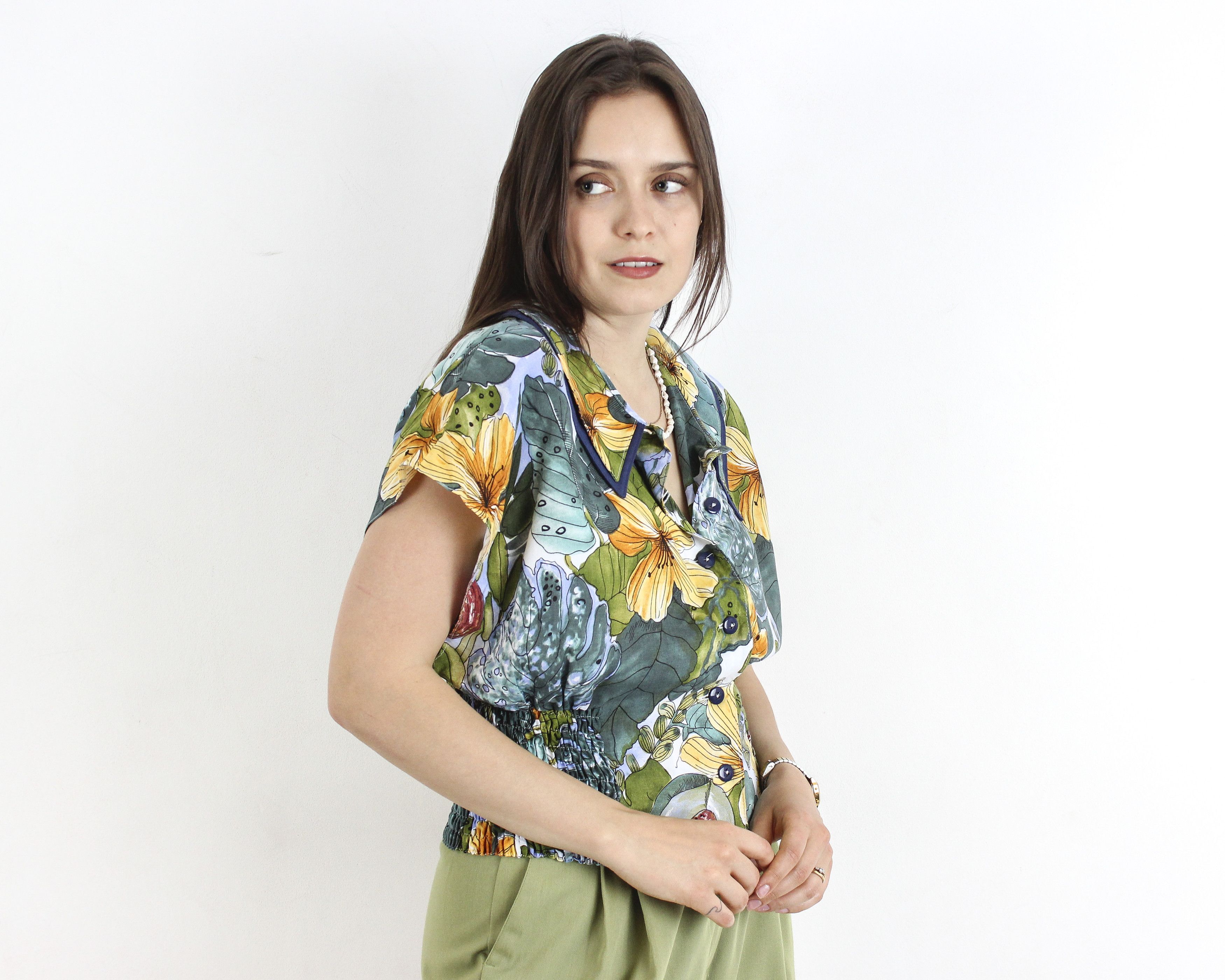 Other × Vintage Cropped Blouse Button Up Shirt Short Sleeves Floral Print Size L / US 10 / IT 46 - 2 Thumbnail