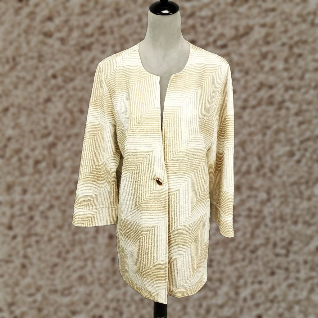 Vintage Chico's Cardigan Womens Large Tan White Geometric Single Button Travelers 2 Size L / US 10 / IT 46 - 1 Thumbnail