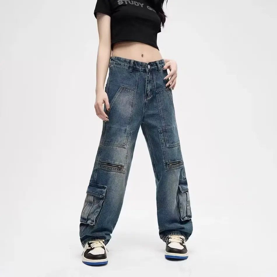 Retro loose straight leg casual pocket jeans