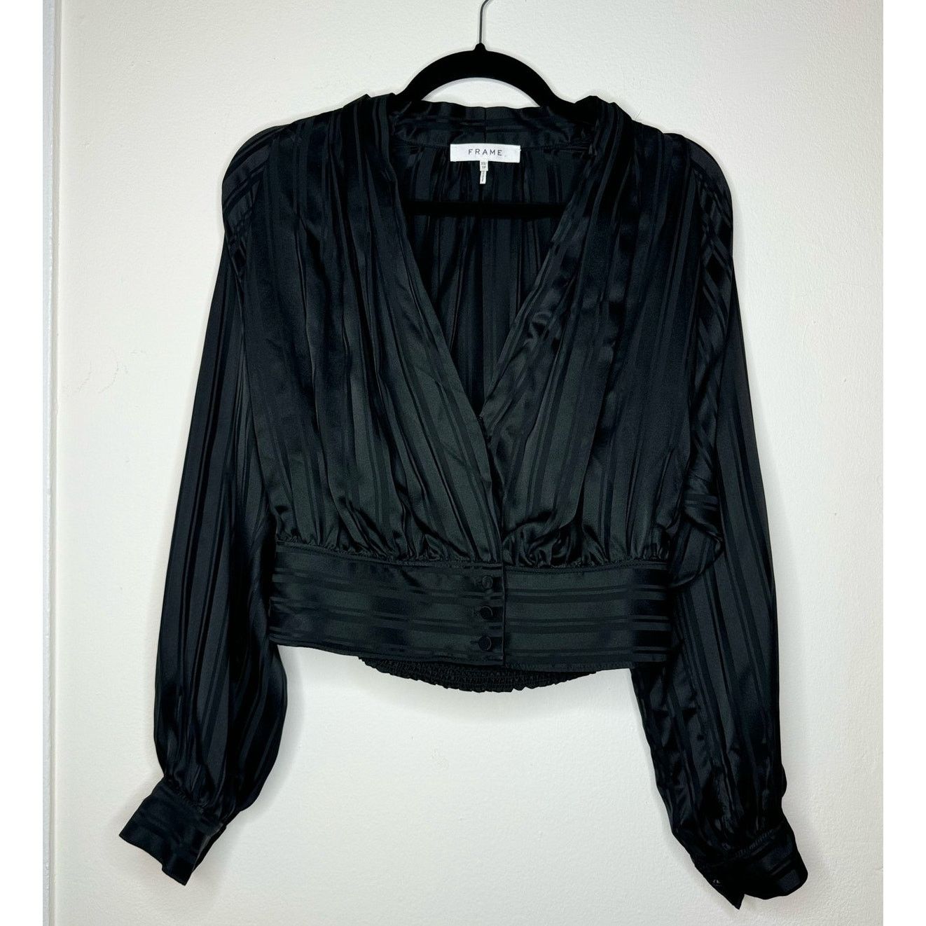 Frame Women's Silk V Neck Blouse - XS Black Striped Silk Top