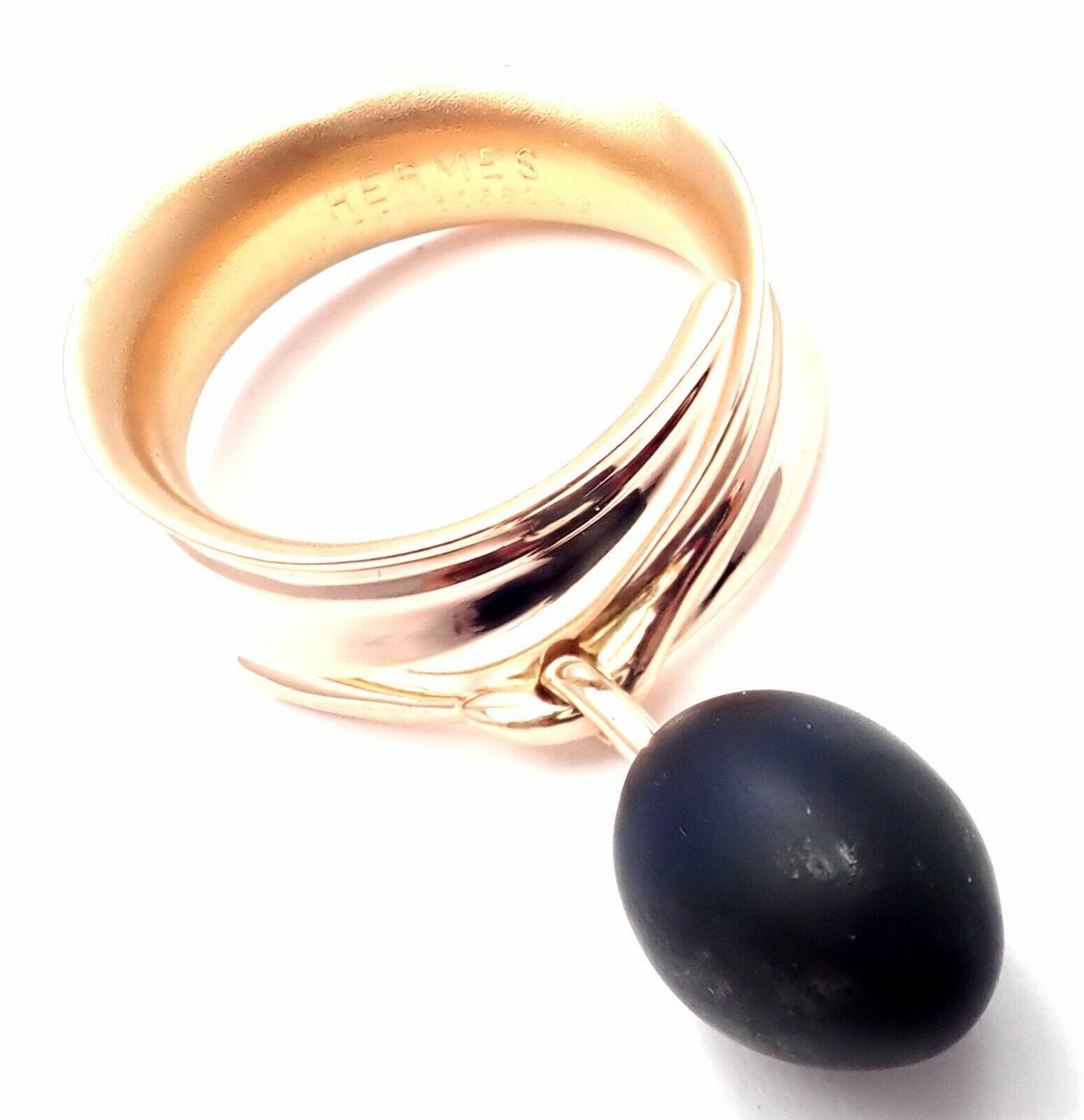 Authentic Hermes Olive 18k Rose Gold Wood Band Ring