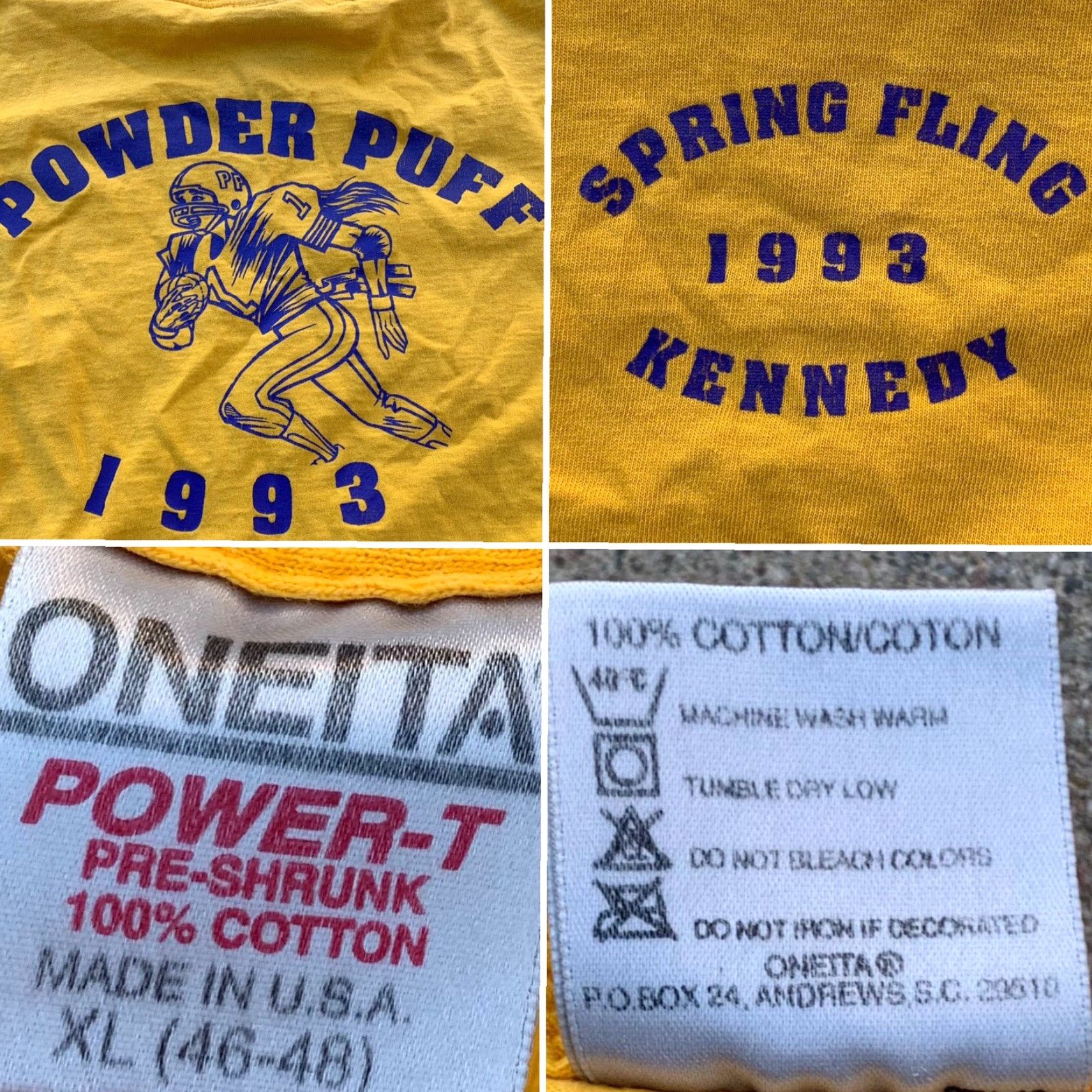 Vintage VINTAGE Powderpuff 1993 Spring Fling Kennedy t-shirt single stitch XL Men T-Shirt 90s Yellow Gold Graphic Print 1993 POWDER PUFF Fashion Size US XL / EU 56 / 4 - 4 Thumbnail