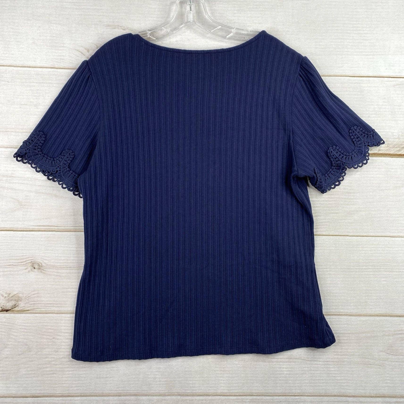 Ann Taylor Ann Taylor Top Womens XL Blue Crochet Ribbed Short Sleeve Stretch Minimalist Size XL / US 12-14 / IT 48-50 - 7 Thumbnail