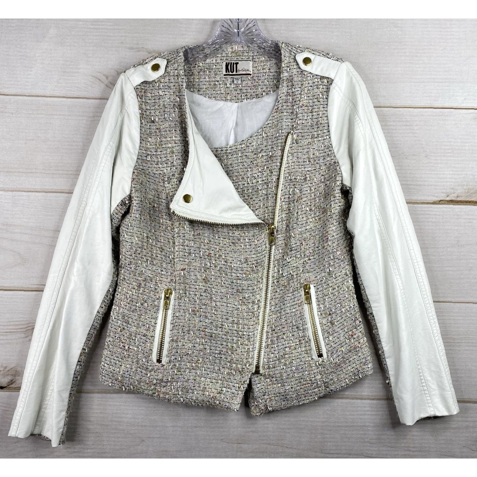 Vintage KUT from the Kloth Jacket Women M Mixed Media Tweed Zip Up Pockets Vegan Leather Size M / US 6-8 / IT 42-44 - 2 Thumbnail