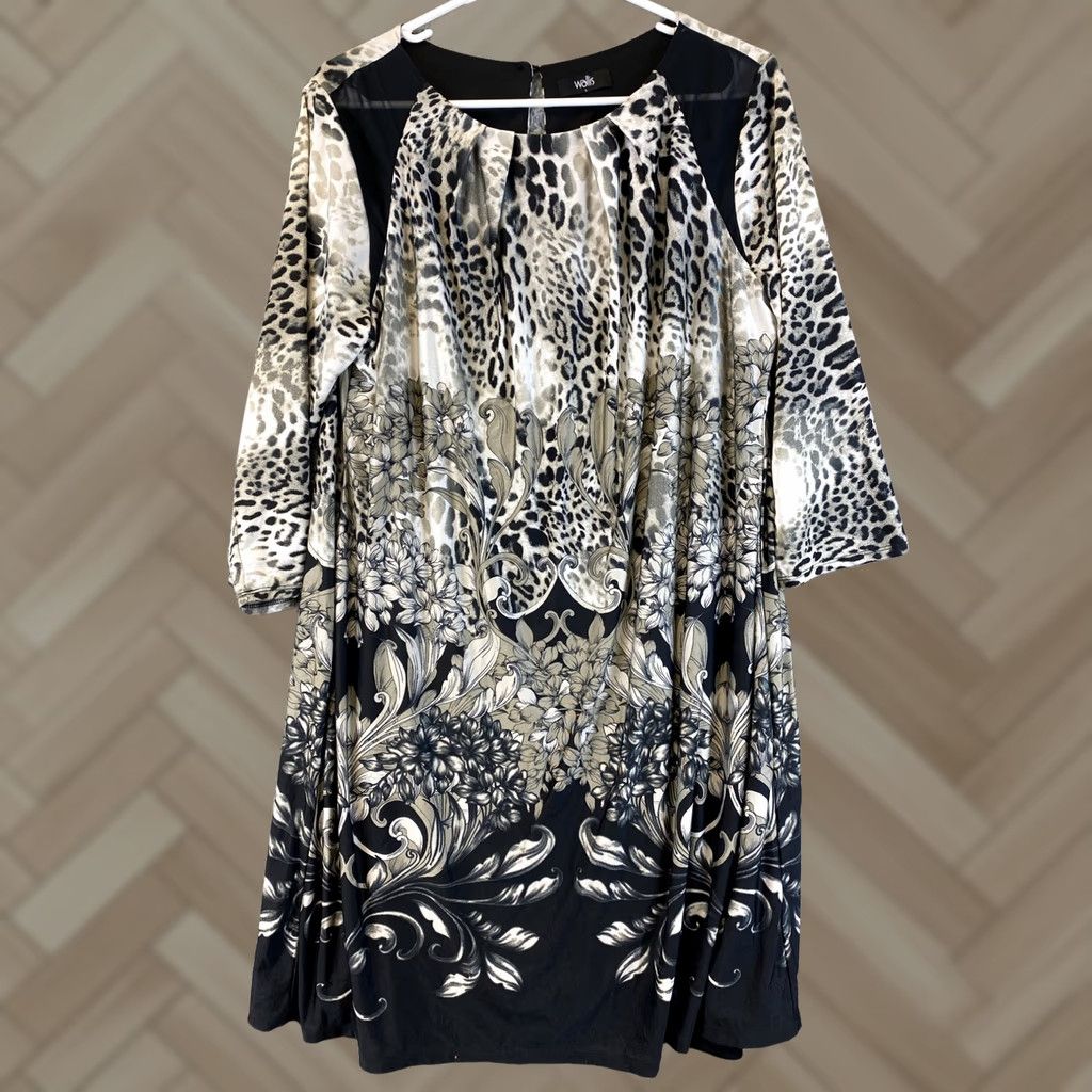 Vintage Wallis Dress Women’s L Stretch Jersey Round Neck Animal Print Pullover Knee Length 3/4 Sleeve Black Grey Plus Size L / US 10 / IT 46 - 1 Thumbnail