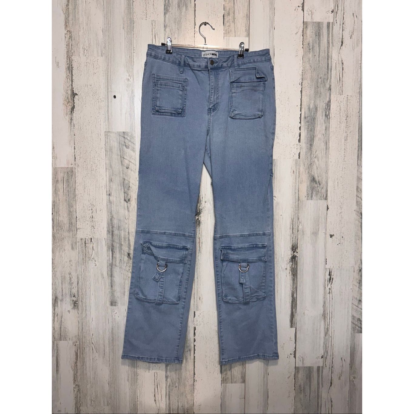 Other Fashion Nova Cargo Jeans | Light Wash Utility Denim Pants with Pockets Size 13 Size 32" / US 10 / IT 46 - 1 Thumbnail