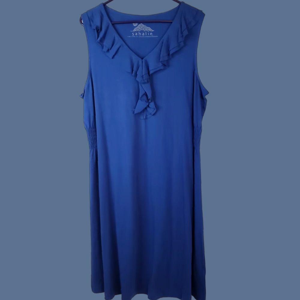 Vintage Sahalie Midi Dress XL Blue Sleeveless V-Neck Knit Cotton Modal Spandex Stretch Size XL / US 12-14 / IT 48-50 - 1 Thumbnail