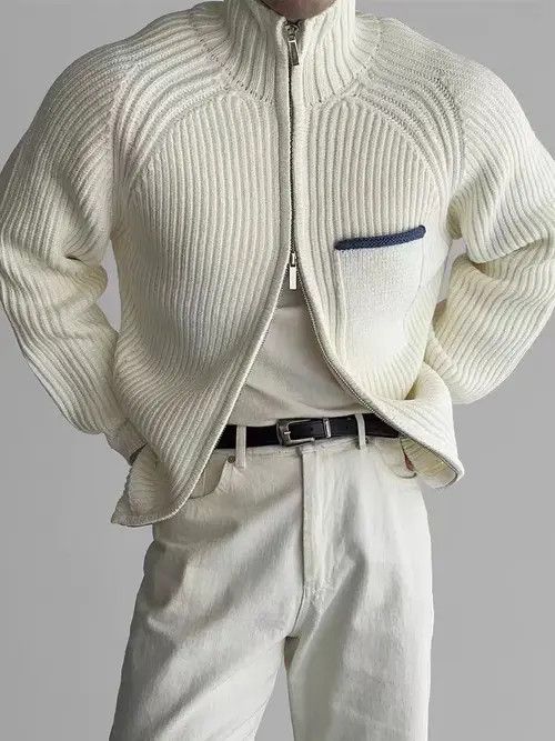 VIBE Vintage Beige Double Pull-On Knit Stand-Up L Jacket Coat Size US L / EU 52-54 / 3 - 1 Thumbnail