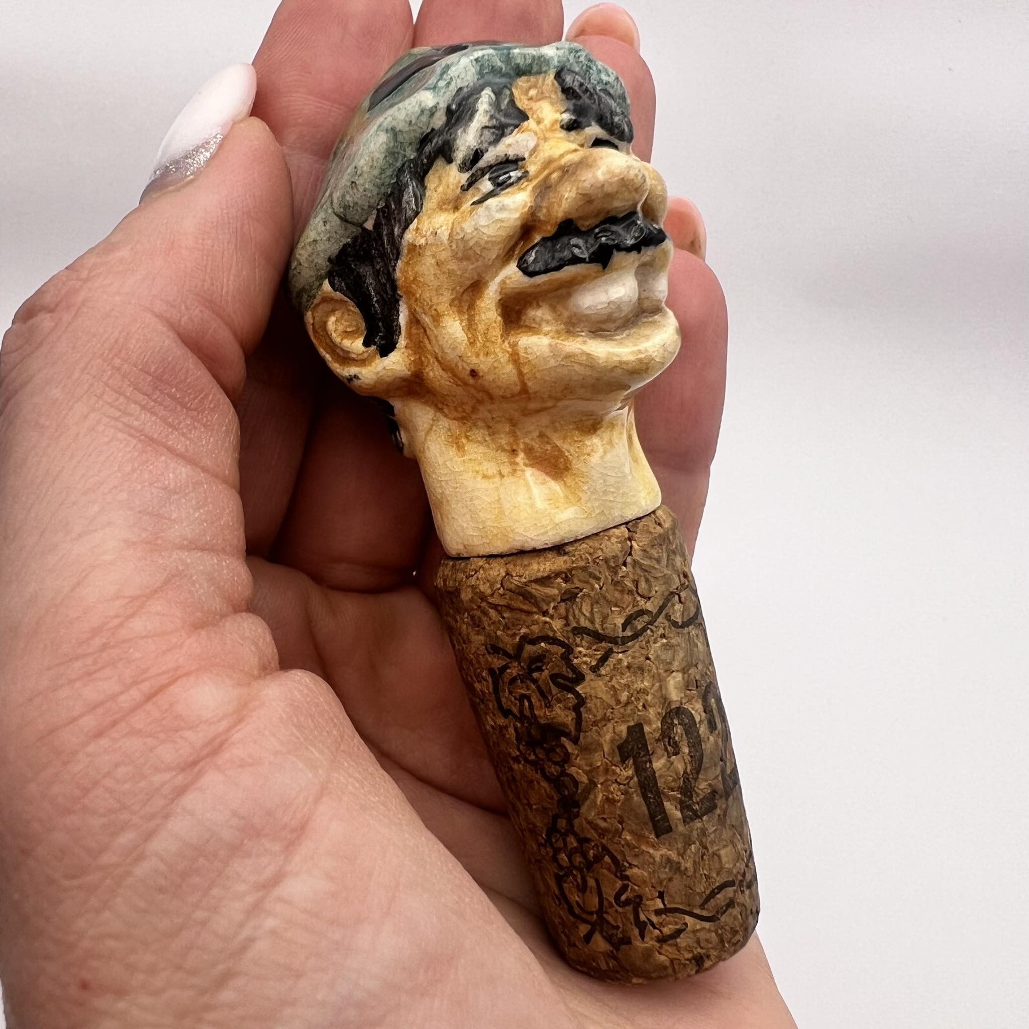 Vintage handmade Pottery Clay Bottle Cap Cork Lid Head Man