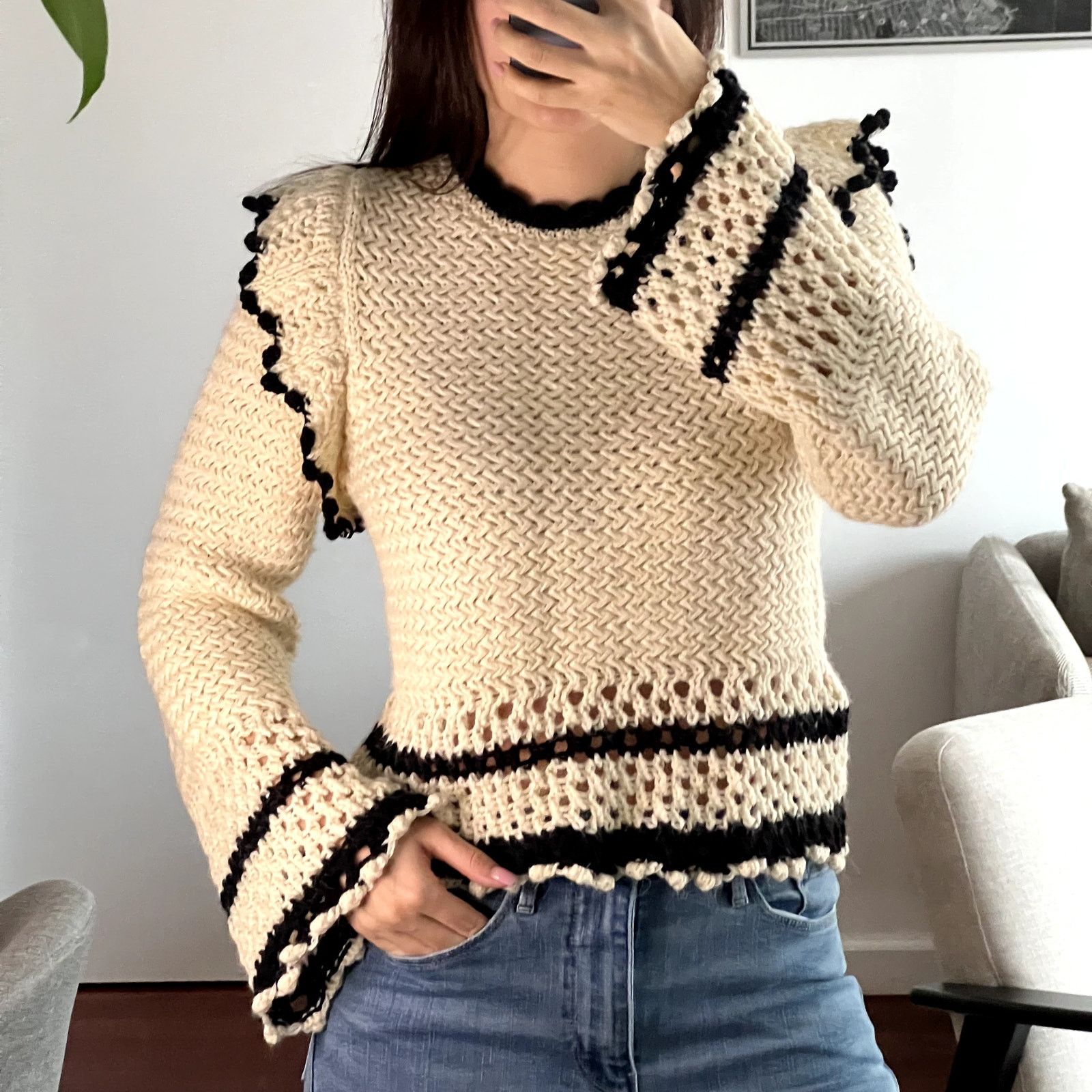 Mango Mango Sweater With Ruffled Openwork Details size M Ecru S1 Size M / US 6-8 / IT 42-44 - 1 Thumbnail